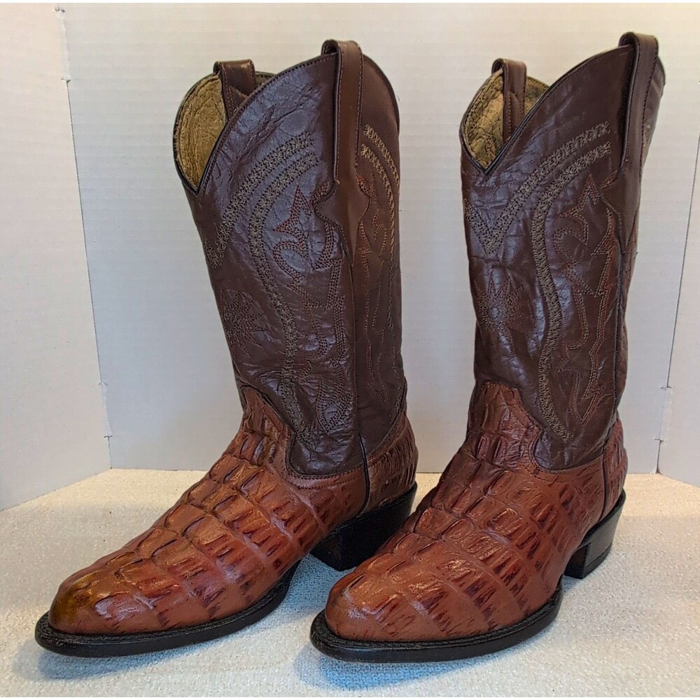 Veari Brown Leather Western Cowboy Pull-On Boots Croc Pattern EE US 5